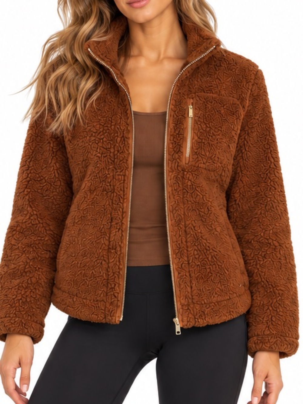 Calvin Klein Women’s Brown Teddy Fleece Jacket with Gold Zipper Detail Size L